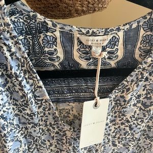 Lucky Brand Button Down Front Tie Blue Patterned Blouse